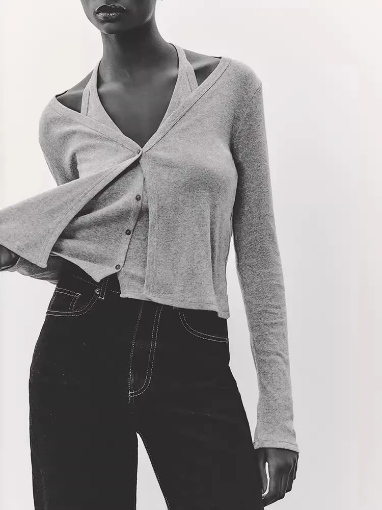 2025년 봄 여성 심플 네크라인 티셔츠 레이어드 긴팔 V넥 자켓 신상 출퇴근 스타일 슬림핏 폴리에스터 니트