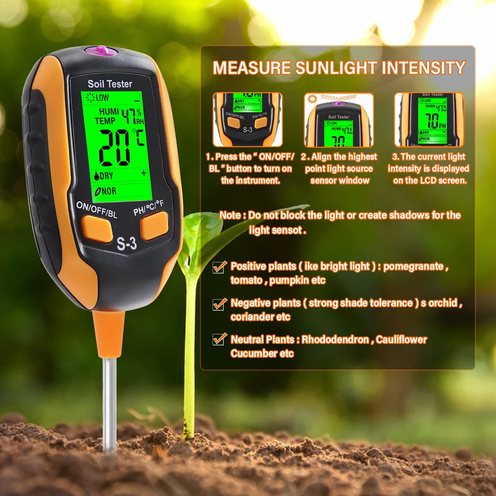 Yieryi 6 IN 1 Soil PH Meter Farm Garden Soil Humidity Salinity TEMP Tester lllumination Ambient Humidity Test Detector Monitor