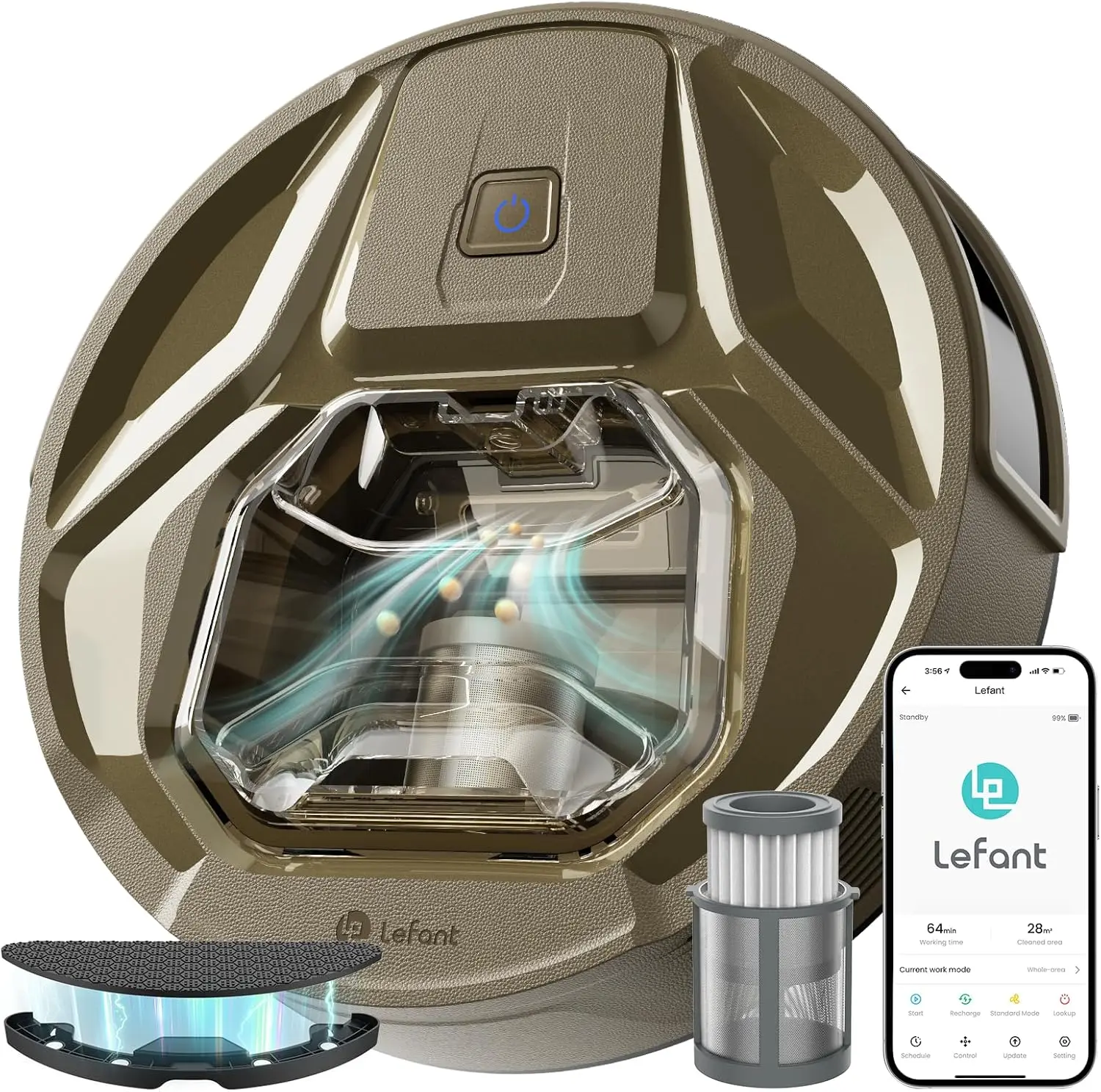 كشف السجاد، شفط 8000 باسكال، ضوضاء منخفضة، سلة مهملات مرئية 800 مل، وقت تشغيل 360 دقيقة، شحن ذاتي، مثالي للأرضيات الصلبة