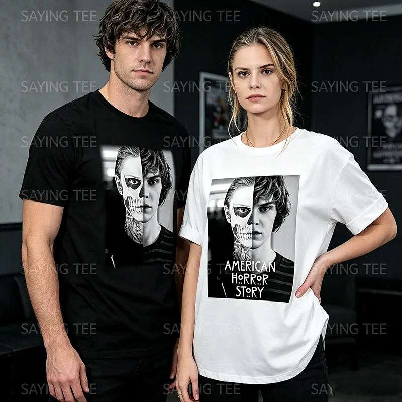 Pepper Evan Peters Skull Ahs Roanoke Poster Herren Damen T-Shirts Y2k Tate Langdon Skull Designer Lustiges Streetwear Grafik-T-Shirt – Detail 4