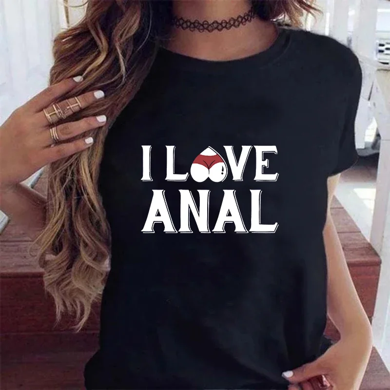 Women's Harajuku Short Sleeved T-Shirt, I Love Anal Letter Printed, Unisex Tops, Tee, Y2Y, Female Tshirts, Summer