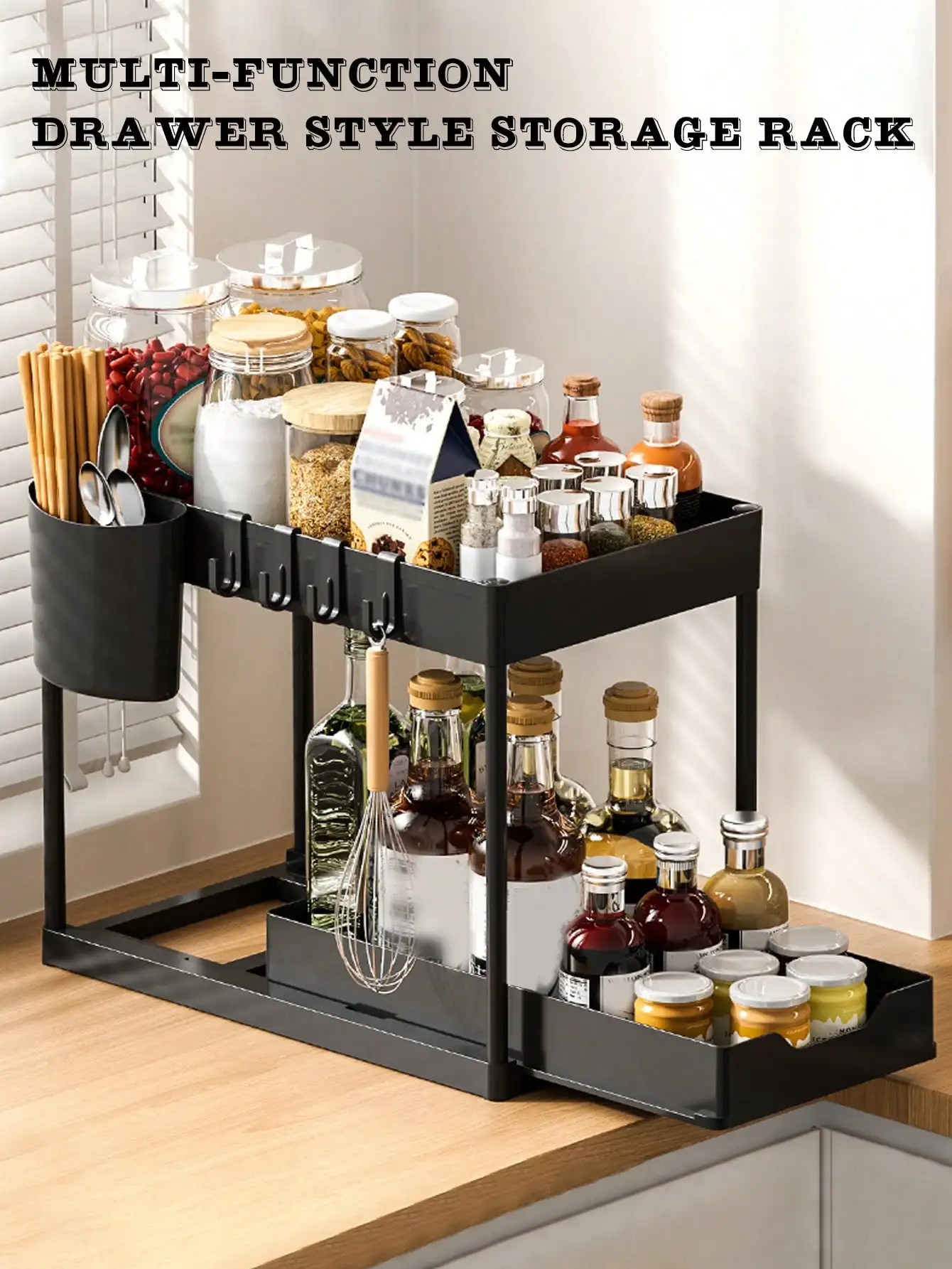 

PC Double-Layer Storage Rack, Multi-Grid Drawer Organizer for Kitchen & Bathroom