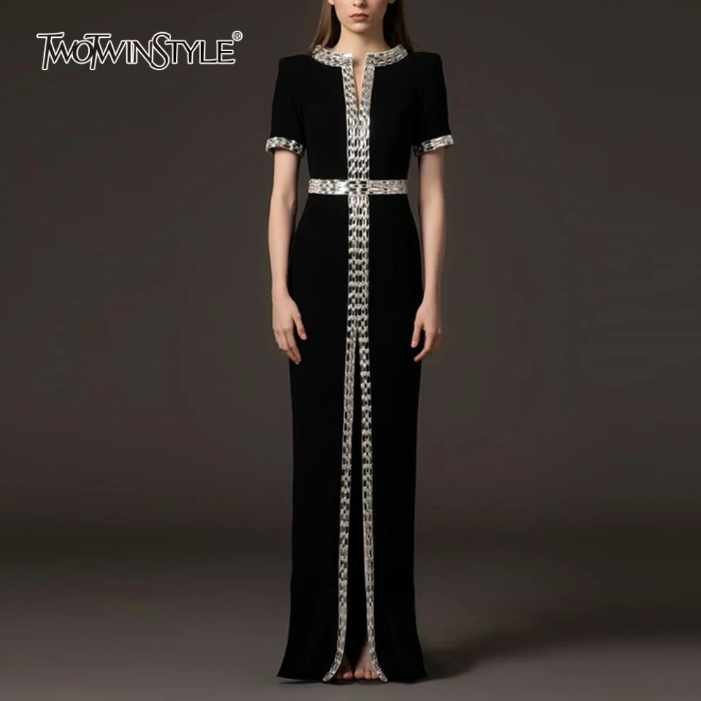 

TWOTWINSTYLE Solid Spliced Bead Elegant Dresses for Women V Neck Short Sleeves High Waist Patchwork Split Long Dress Female New