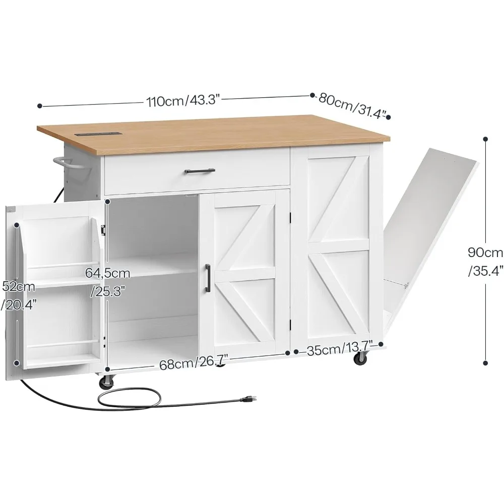 جزيرة المطبخ المتداول مع أوراق السقوط والتخزين، عربة محمولة مع مخرج طاقة وصندوق نفايات لاستخدام المطبخ #3