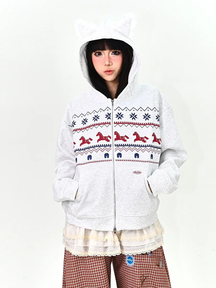 

Korean Sle Ear Hoodie Women's Loose Fitting Spring 2026 Faionable College Windbreaker Sweatirt Embroidered Long Sve