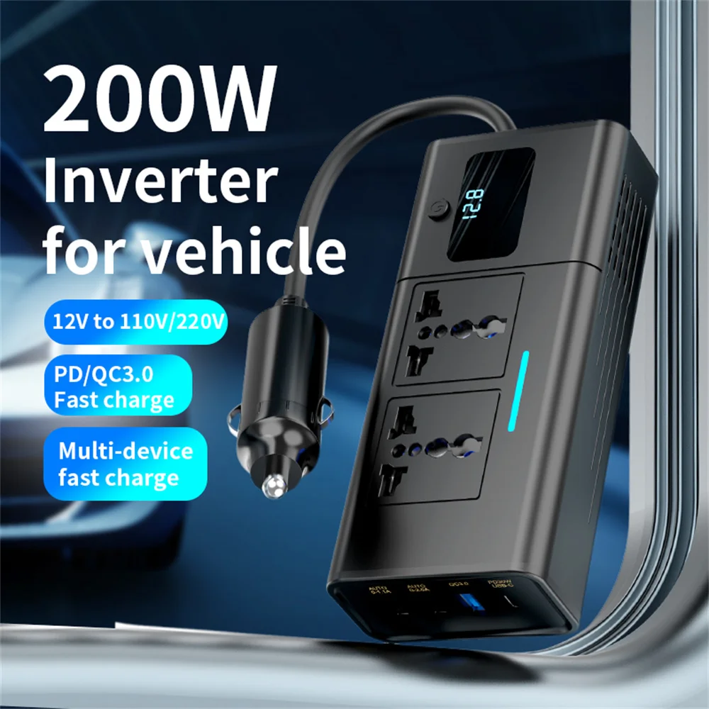 Inversor de energia do carro duplo com Display Digital, Inversor de carro 200W, DC 12V para AC 110V 220V, PD QC3.0, 4Portas USB, Adaptador