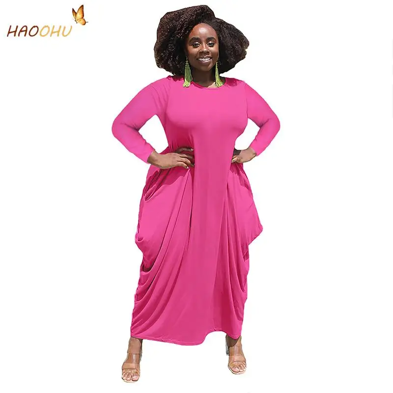 HAOOHU Women's Clothing Plus Size Dress Casual Summer 2023 Urban Ladies Solid Color O-Neck Long Sleeve Irregular Hem Cotton-like