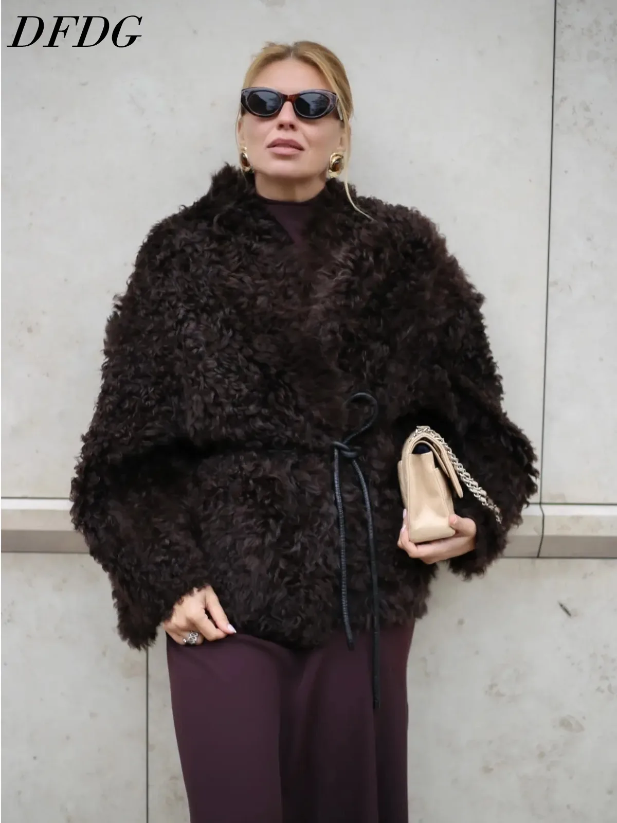 DFDG Women 2026 Faux Curly Fur Cropped Jacket Tie Waist Oversized Warm Fluffy Outerwear Winter Fashion Coat Streetwear Fur