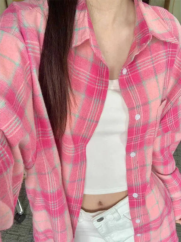 

plus Size 300 Pou Plaid irt Women Spring Summer New Korean Sle Student Loose Versatile irt Coat for plus Size Women