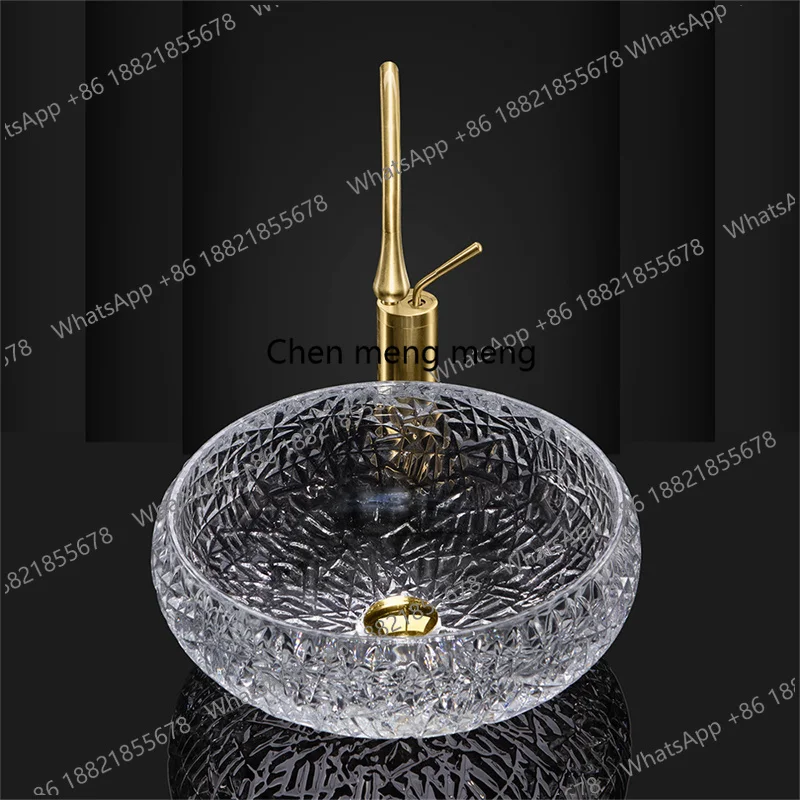 Bathroom Sink Transparent Art Glass Round Diamond Crystal Wash Basin Deluxe Dresser