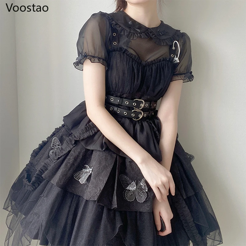 Japanese Sweet Lolita Blouses Women Harajuku Kawaii Bow Ruffles Peter Pan Collar Shirts Girl Gothic Y2k Puff Sleeve Blusas Mujer