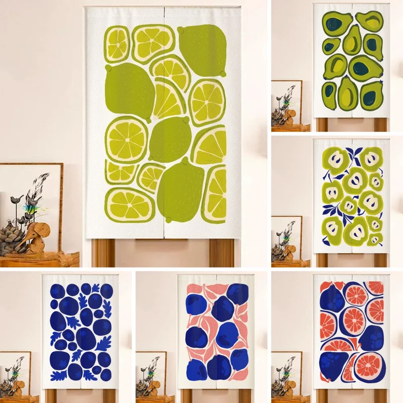 VIKAMA Flat Fruit Noren Curtain Lemon Avocado Fabric Kitchen Door Curtain Room Divider Ins Style Home Cafe Decor Hanging Curtain