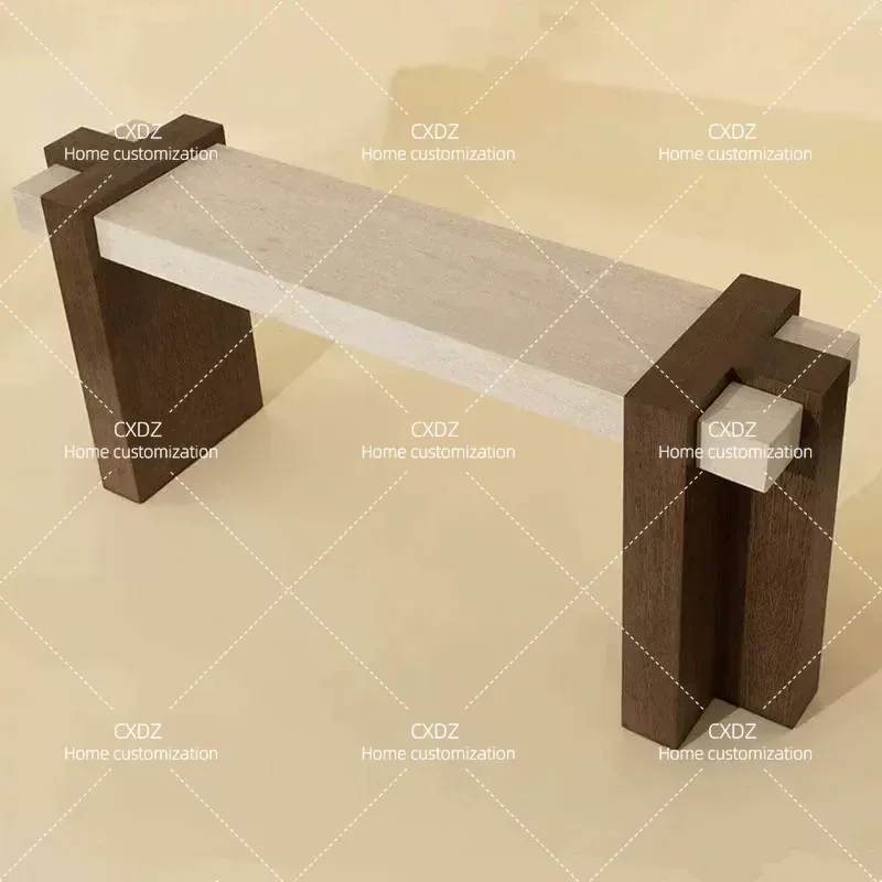 Medieval Solid Wood Entrance Platform Rectangular Light Luxury Marble Console Table for Living Room Entryway End View Display