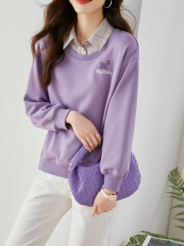 Vimly Purple Shirt Collar Sweatshirts for Women 2023 Spring Cotton Casual Loose Patchwork Fake Two Pieces Long Drop Sleeve Tops