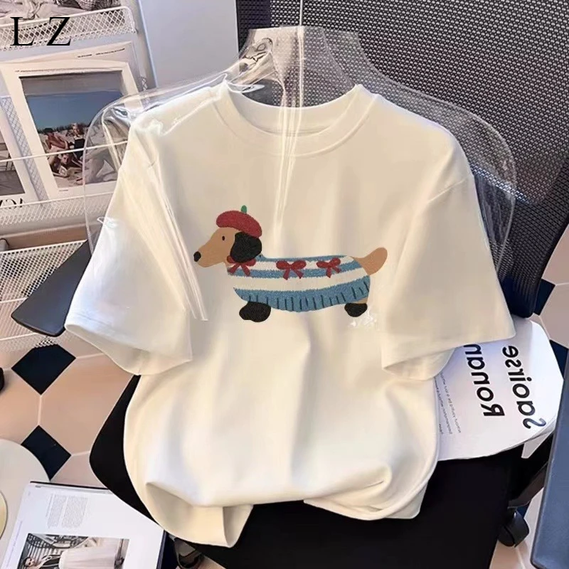 

Motorcycle cute puppy versatile T-shirt men's and women's loose round neck street style casual half-sleeved round neck top