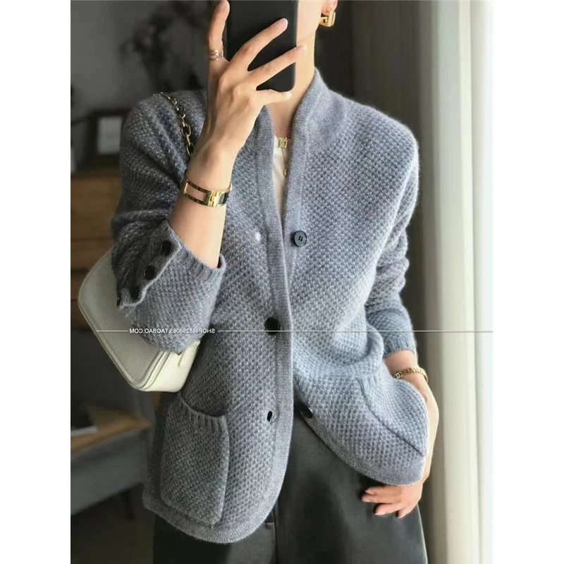 European Autumn and Winter New Thickened 100% Pure Cashmere Cardigan Women\'s Standing Neck Sweater Loose Knitted Bottom Coat