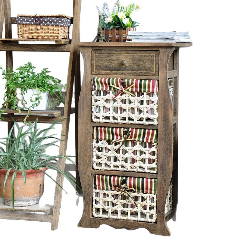 

Retro pastoral bedside table Solid wood simple small cabinet 40 narrow and old rattan storage locker Multifunctional bucket cabi
