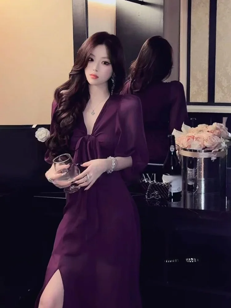 

Stazf7 A-Line Skirt Women's Summer Pure Desire V-Neck Belted Long Dress High Waist Retro Commute Style City Date Work Casual