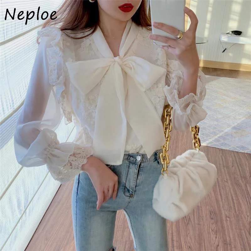 Neploe Elegant Lace Hook Flower Solid Blouse Women Bow Design Work Style Ol Solid Blusas Spring 2024 New All Match Shirt Femme