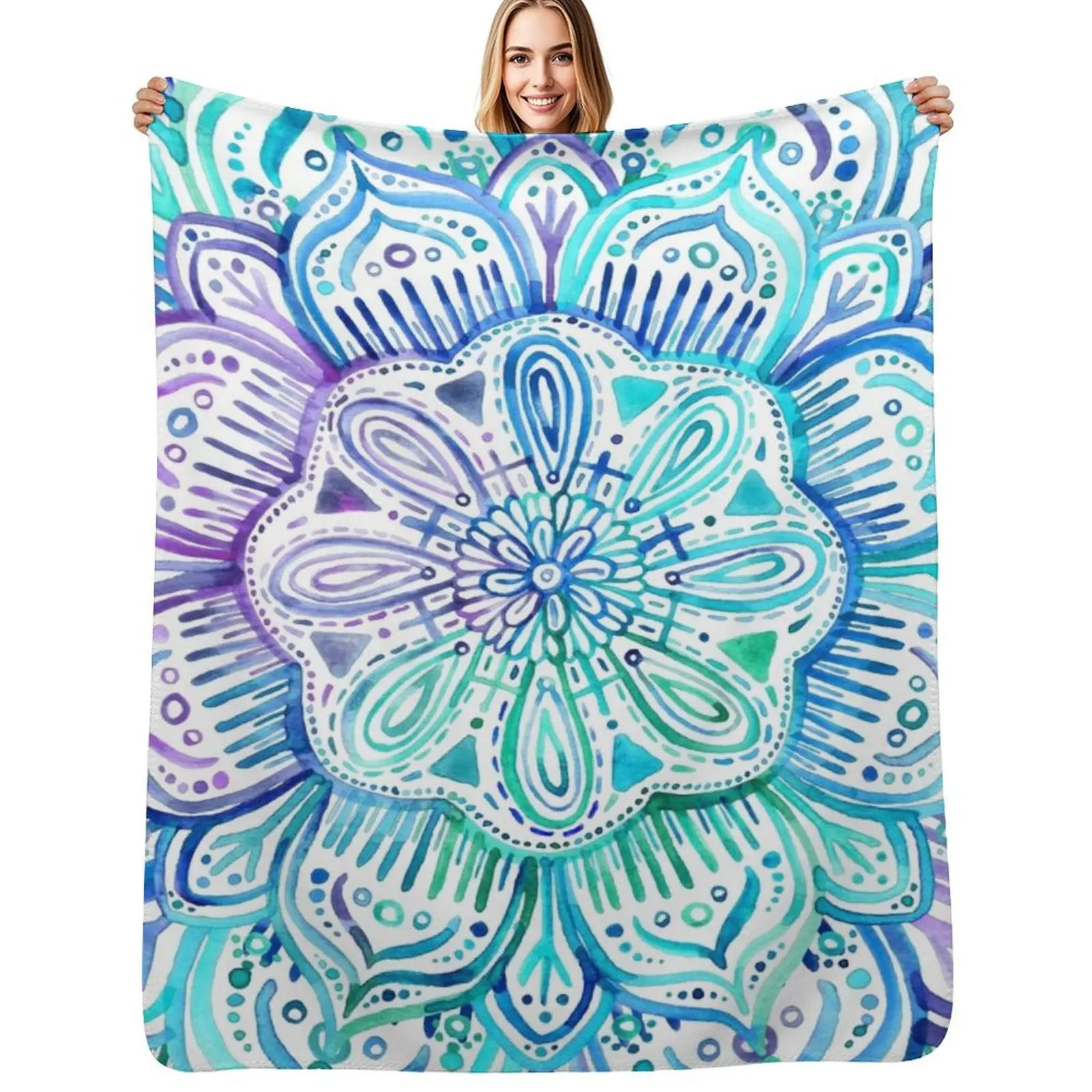 

Iridescent Aqua and Purple Watercolor Mandala Throw Blanket Ultra Soft Flannel Fleece Blanket for All Seasons