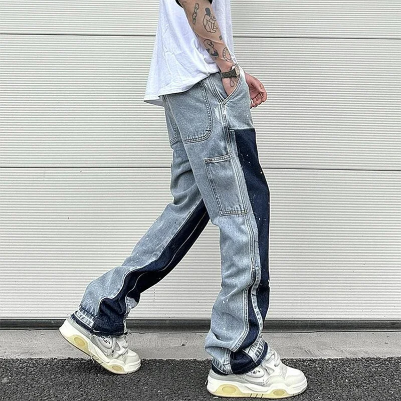 

Streetwear Speckled Ink Color Match Y2K Baggy Jeans for Men Patchwork Rage Fringe Micro Denim Trousers Oversized Loose Cargos