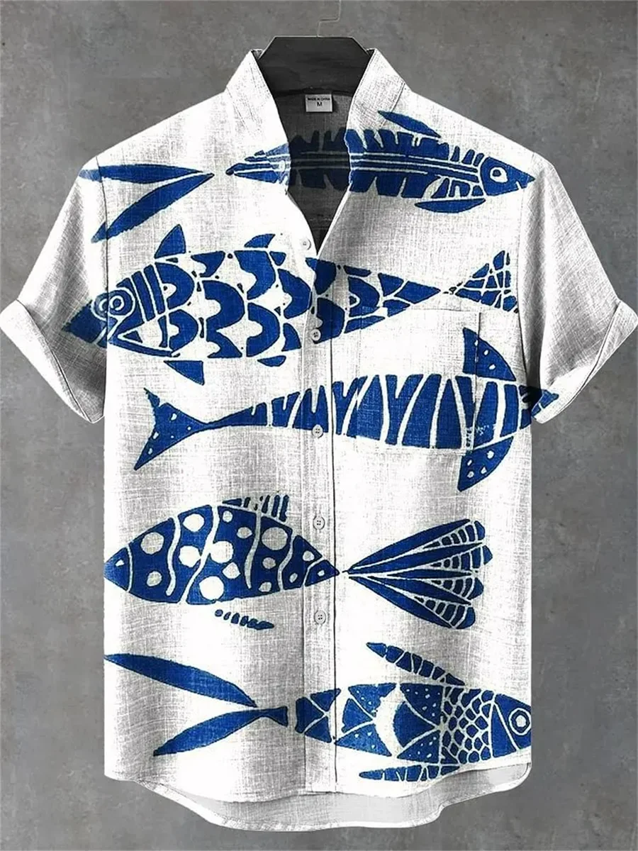 2025 Men's Summer Casual Artistic Fish Pattern Printed Linen Short Sleeve Shirt, Comfortable and Fashionable Button Men's Tops