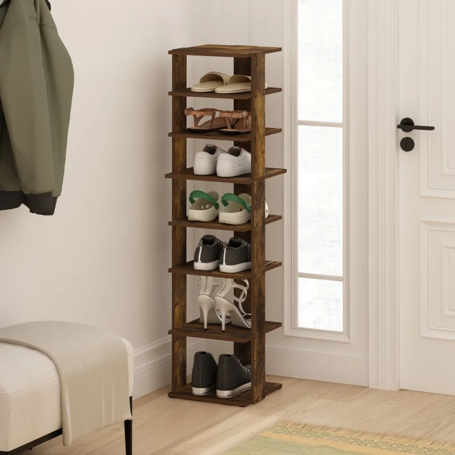 Compact 8-Tier Vertical Free Standing Shoe Tower in Shoe Rack Amber Pine