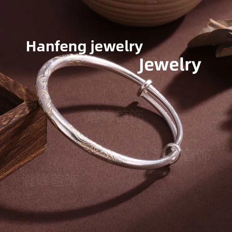 Chinese Style Lucky Cupronickel Silver Plated Adjustable Bangle Gold Painted Tang Grass Peony Pattern Fortune Blessing Bracelet