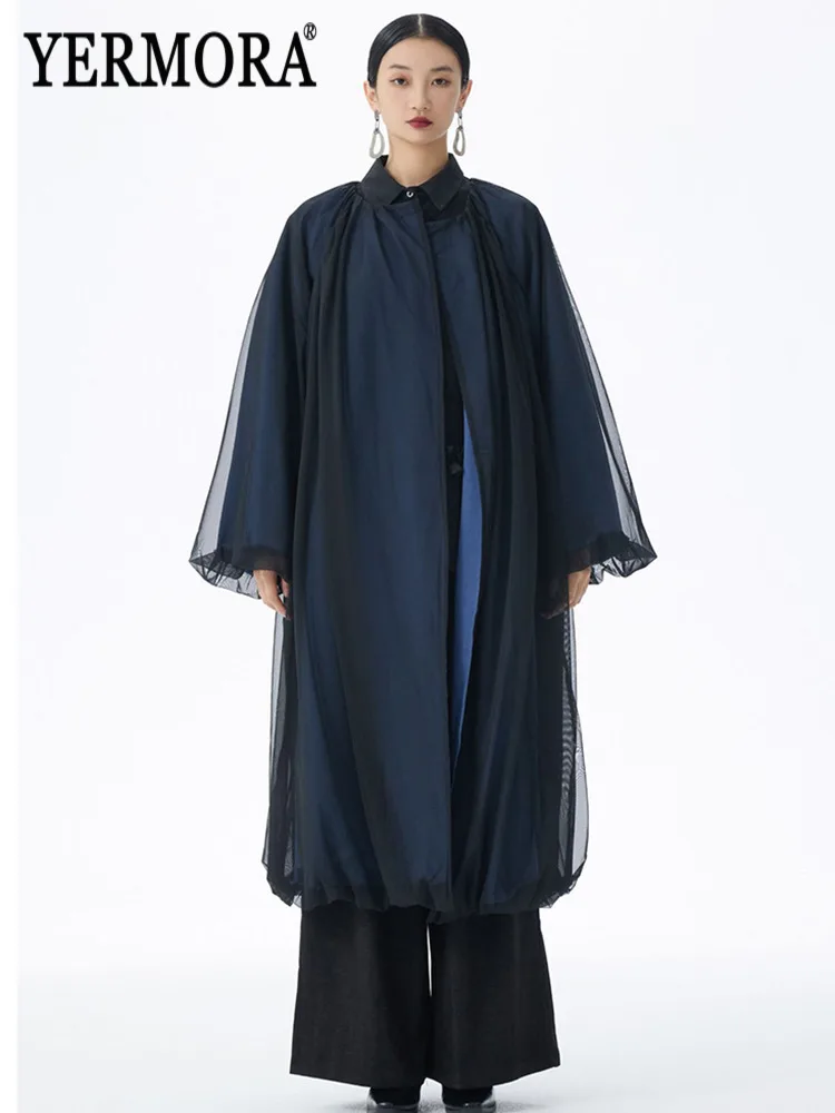 

YERMORA Blue Spliced Mesh Reversible Casual Trench For Women O-Neck Long Sleeve Loose New Jacket Fashion Tide Spring Autumn 2025
