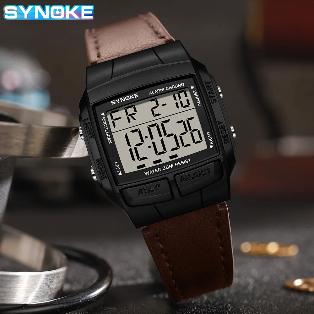 SYNOKE Multifunctional Waterproof Luminous LED Digital Watch PU Leather For Men Retro Fashion Belt Watch Men Outdoor Sports