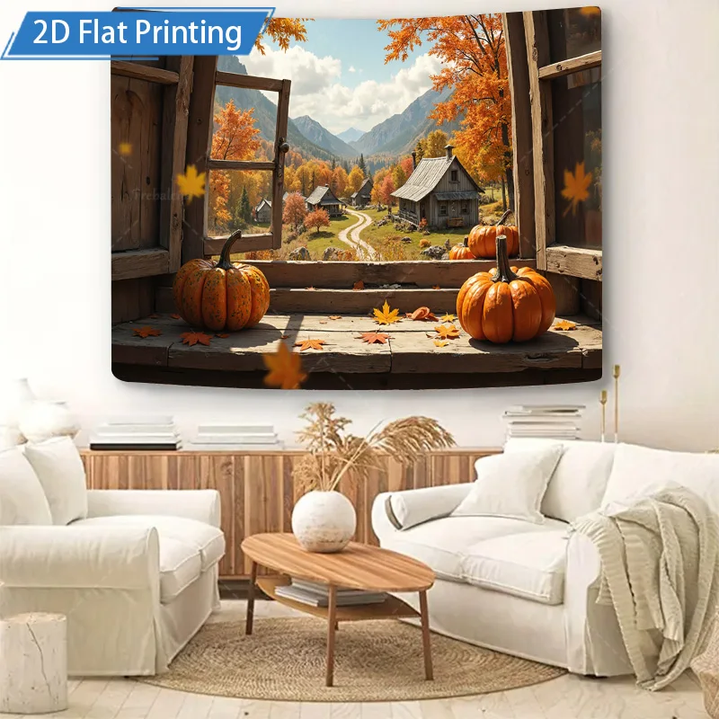 [2D شقة] 1 قطعة 4x16 بوصة علامة معدنية الخريف كوخ نافذة عرض اليقطين سقوط المشهد المعادن جدار ديكور فني