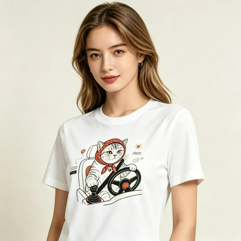 Cute Cartoon Cat Driving Print Women T-Shirt 100% Cotton Regular Fit Round Neck Short Sleeve Funny Casual Tee Daily Streetwear