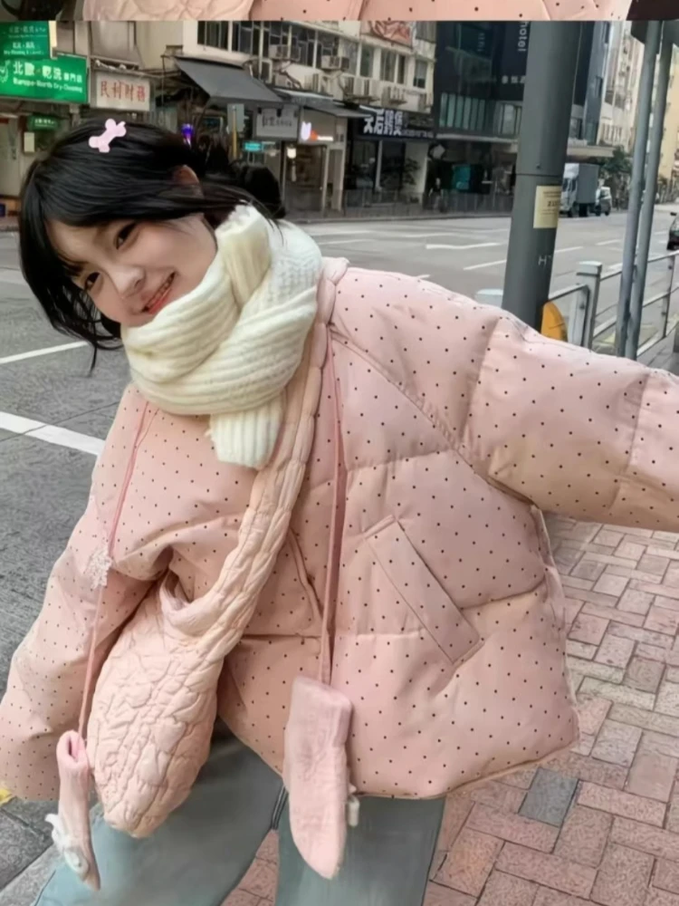 

2025 new women's polka dot cotton jacket winter sweet and cute spicy girl trend loose oversized warm jacket top