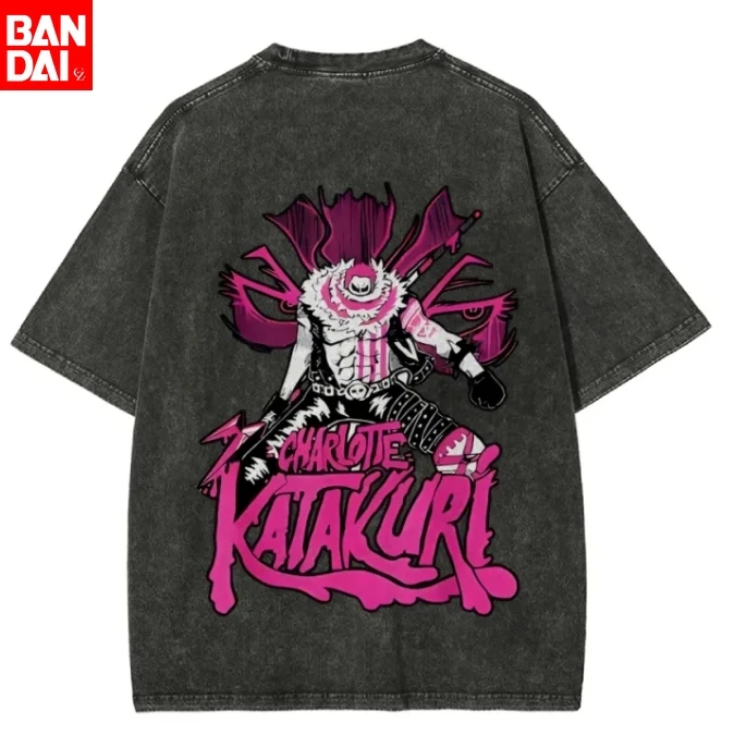 

One Piece Charlotte Katakuri Pink Print T Shirt Men 2026 Summer Vintage Acid Wash Oversized Tee Anime Streetwear Harajuku