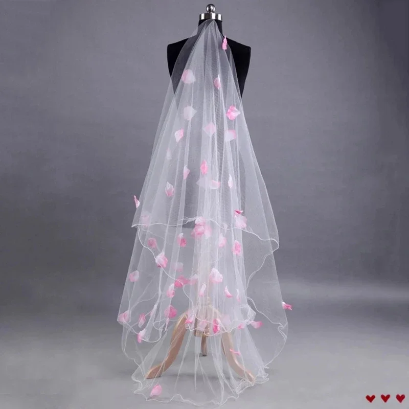 

Romantic Wedding Veil Dress Pink Petals Decoration Veil Layers Tulle Ribbon Edge Bridal Veils 2023