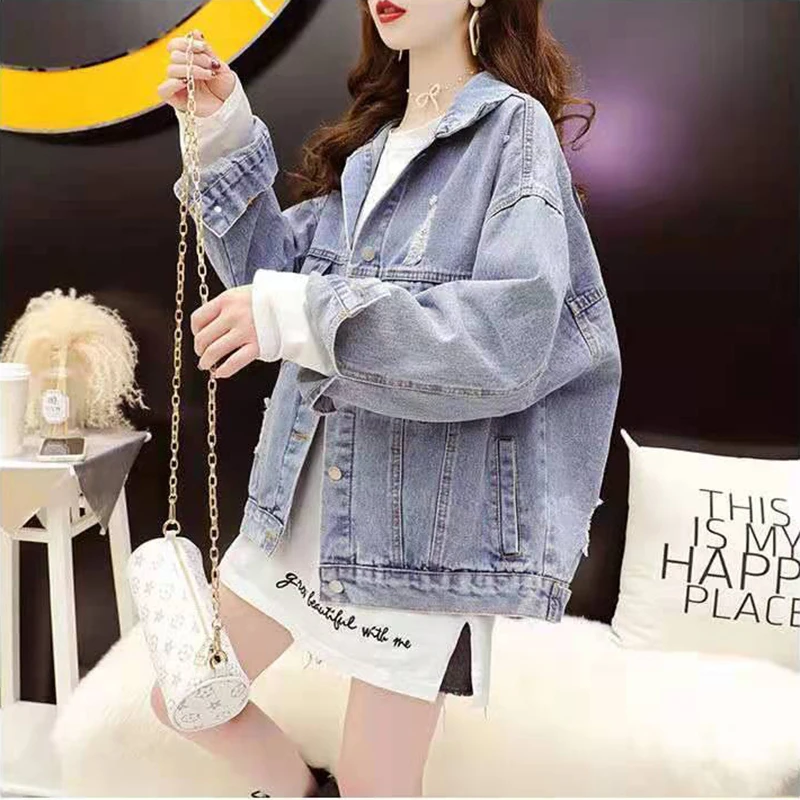 Chaquetas vaqueras con agujeros de calle frita para mujer, prendas de vestir para primavera y otoño, Tops coreanos holgados e informales bordados Bf Wind Cowboy, 2025