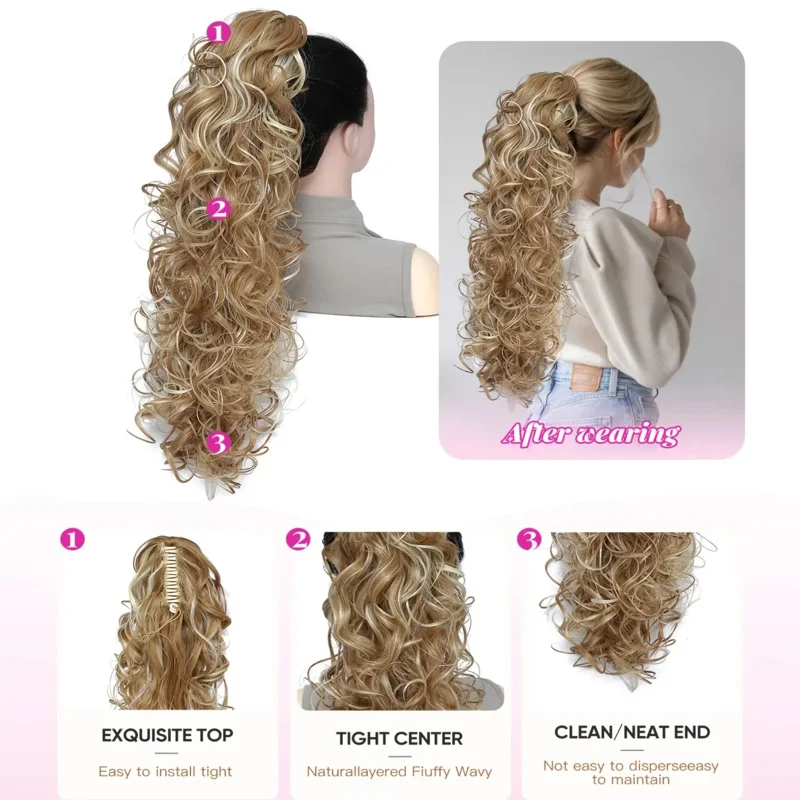 Heat-Resistant Curly Wig with Ponytail Extension | Synthetic, Multi-Color Brown & Blonde Waves, Elastic Wig for Women