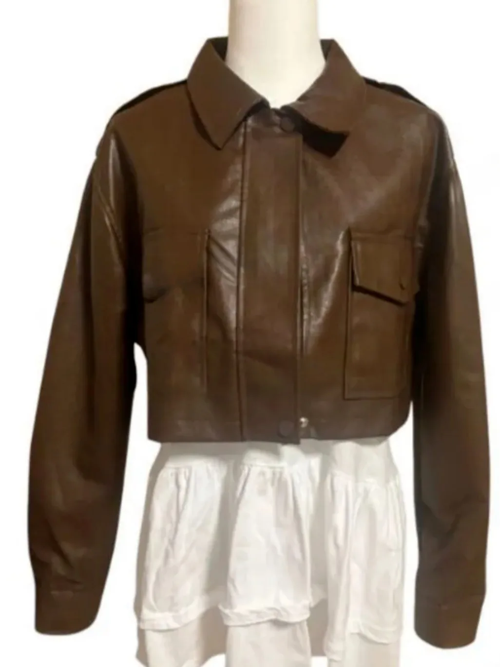 Elegancka kurtka damska z ekoskóry PU, klasyczna, retro, stylowa, z zamkiem błyskawicznym, motocyklowa, modna, do dojazdów do pracy, o regularnym kroju, długa.