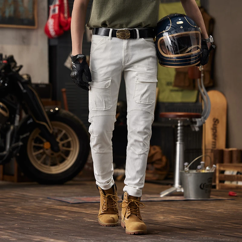 White motorcycle jeans men's fashion brand multi-pocket design Stretch Slim fit skinny personality smart trousers