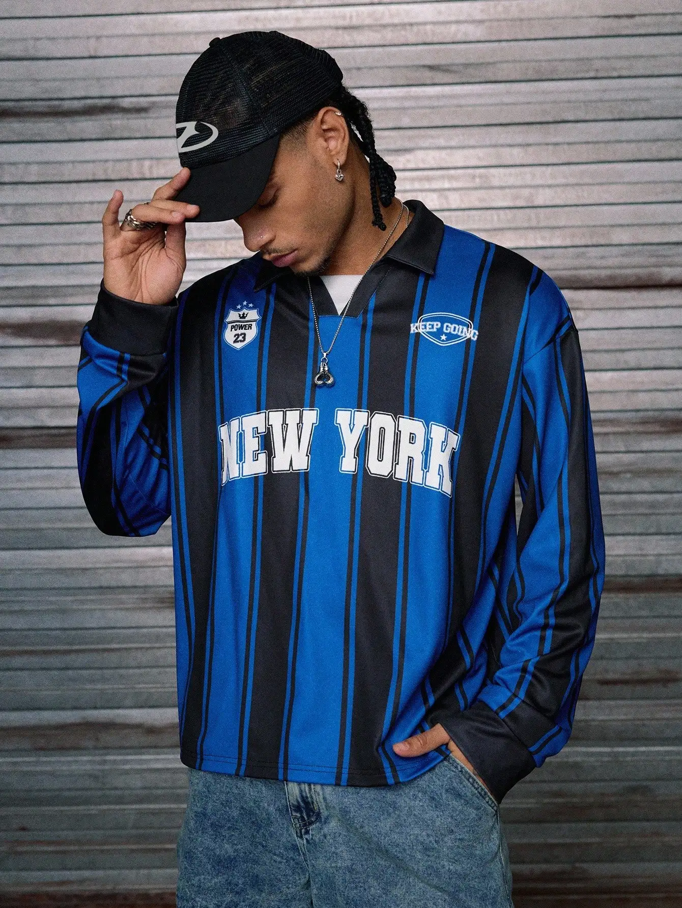 

Men's Long Sleeve Striped Polo Shirt, Blue Black Casual Top for Fall