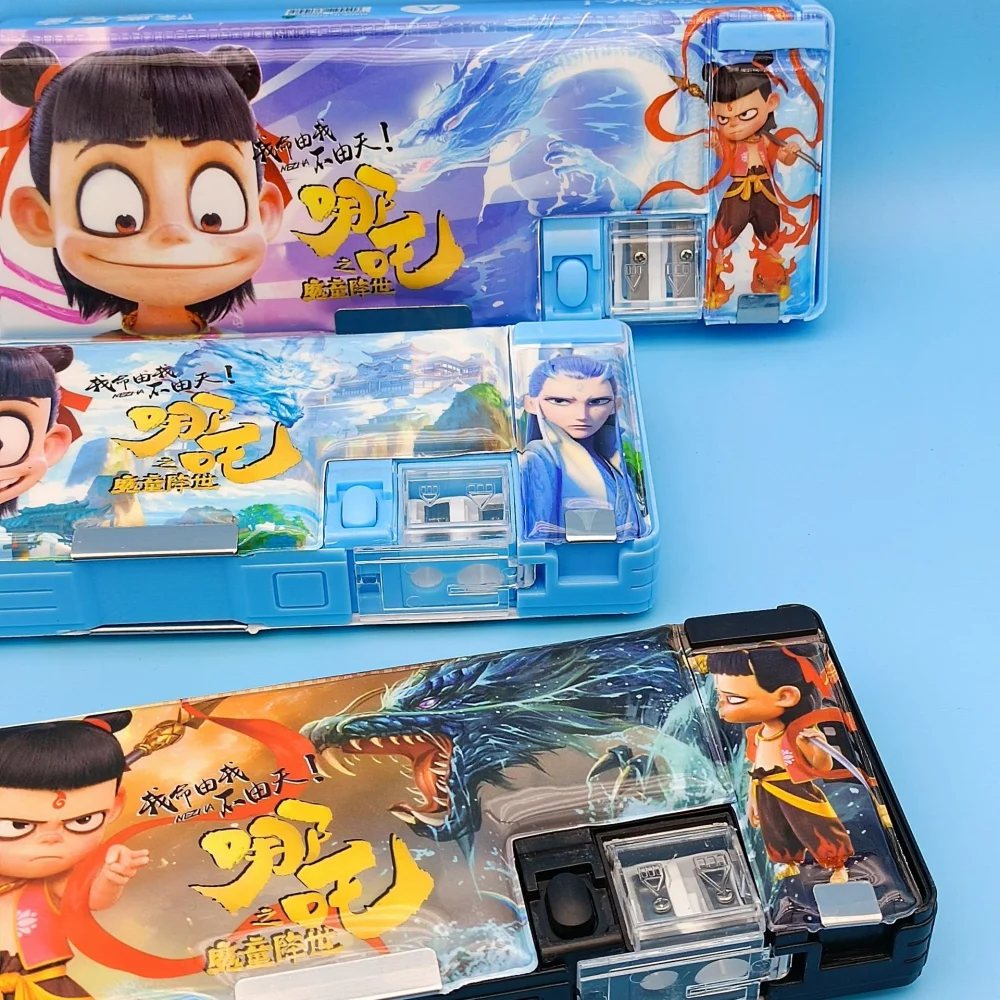 Nezha Stationery Box,Multi-functional Children's Pencil Case, Double-layer Large-capacity Cartoon Student Stationery Storage Box