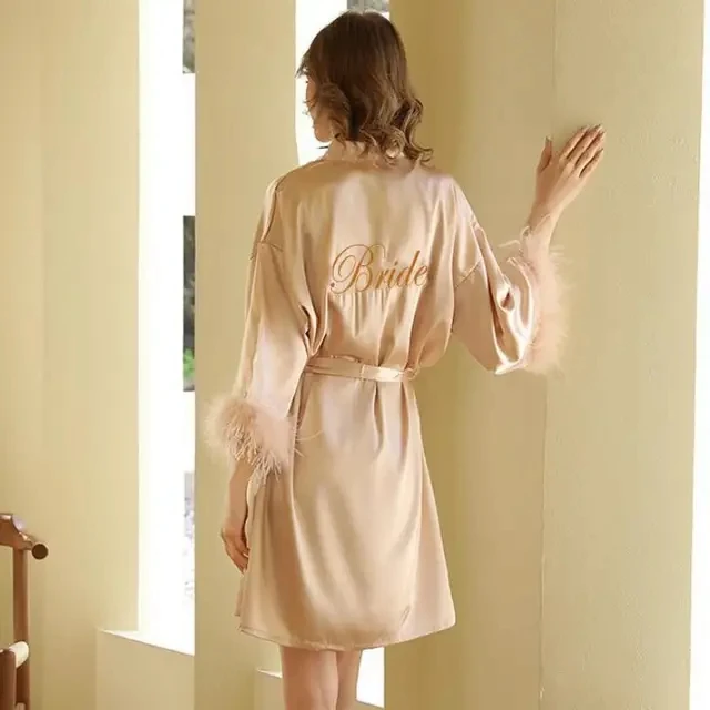 Kimono Bride Bridesmaid Robe Loungewear Wedding Bathrobe Gown Feather Women Embroidery Letter Sleepwear Short Satin Nightgown