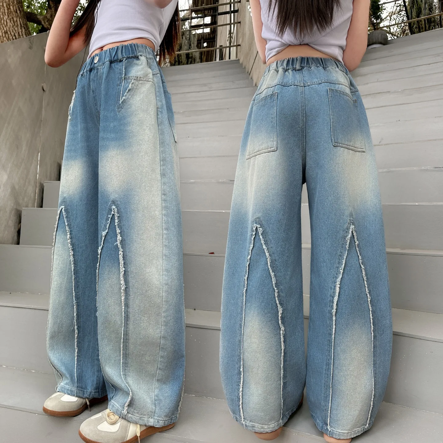 Girls' Spring Summer Straight Jeans with Rough Edges Design Kids Fashion Wide Leg Denim Pants Children's Curved Knife Trousers