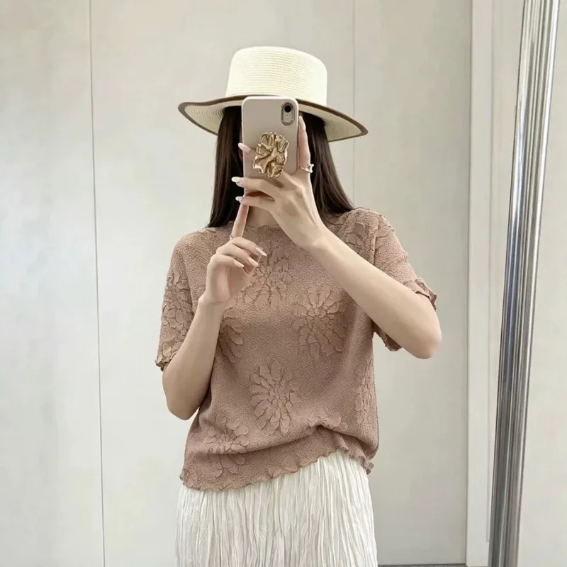 Pleated T-Shirt Summer Style Batwing Sleeve Sequin Peony Short Sleeve Casual Elegant Simple Fashion Stretch Women's Top