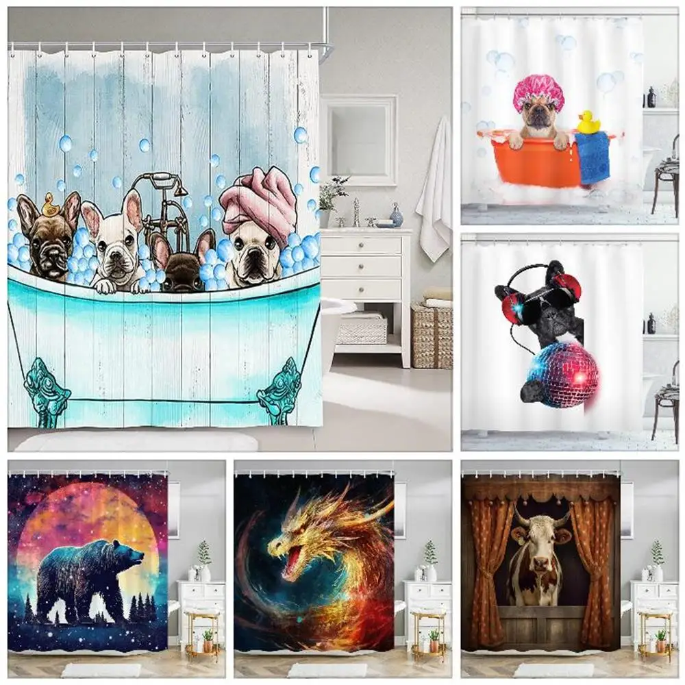 

Забавный бульдог, тканевая занавеска для душа, медведь, олень, корова, лес, животное, винтажный стиль, полиэфирная ткань, художественная занавеска для душа, декор для ванной комнаты