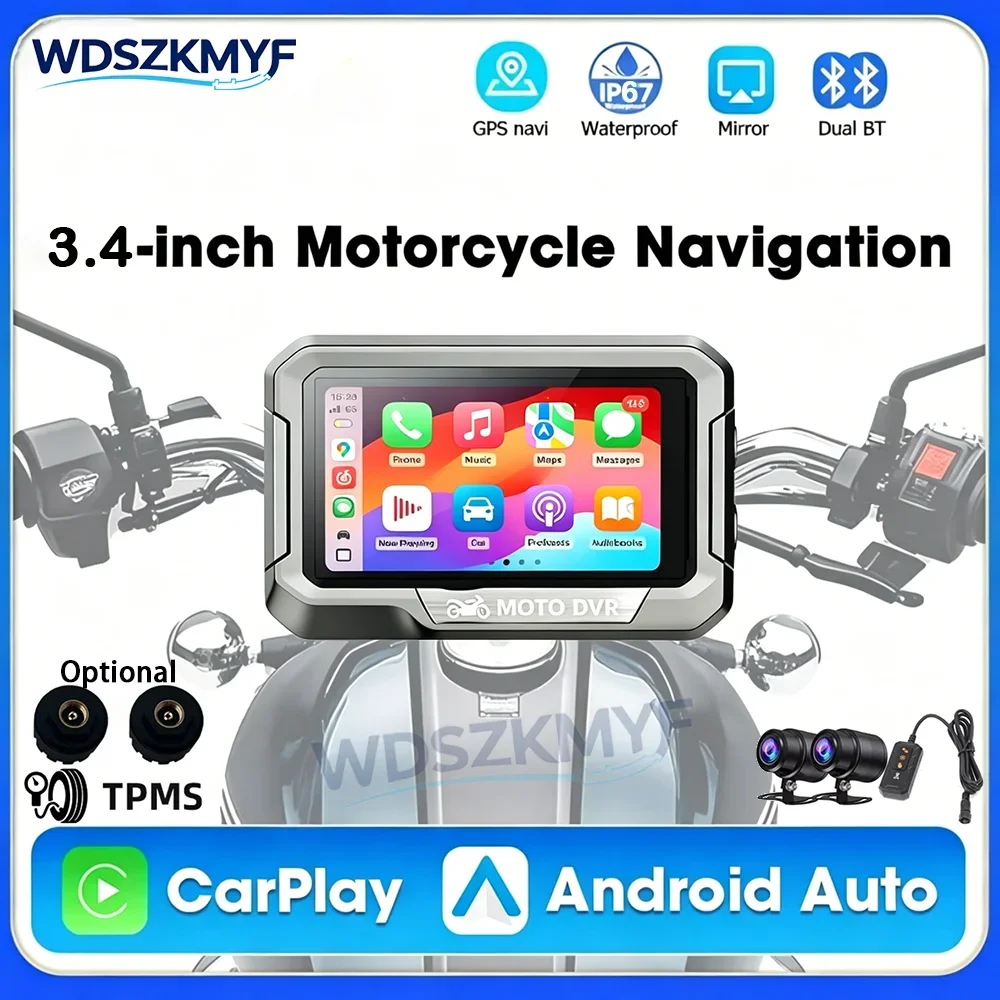 

3.4" Wireless CarPlay and Android Auto Portable Dashboard GPS Motorcycle Navigation Display Screen Monitor TPMS Optional IP67