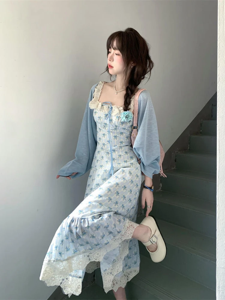 Damska sukienka w stylu francuskim z falbanką i kokardką Słodka sukienka wróżki Letni kwiatowy nadruk Spaghetti Pasek Bez rękawów Szykowne sukienki z wysoką talią