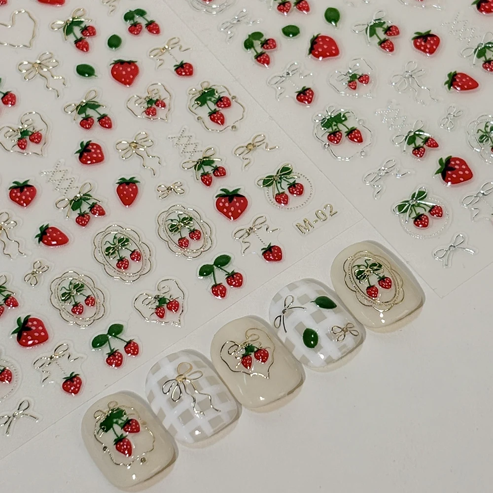 

1 шт. 5D наклейка для ногтей с клубничным бантом, полая лента в форме сердца, самоклеящиеся наклейки для ногтей, украшения для маникюра с фруктовым дизайном