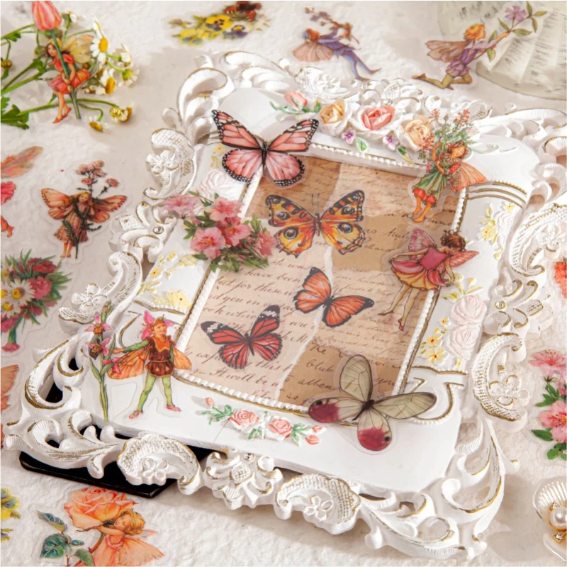 45pcs Fairy Tale Butterfly PET Stickers Vintage Flower Elf Decorative Label Scrapbook Magazine DIY Decoration