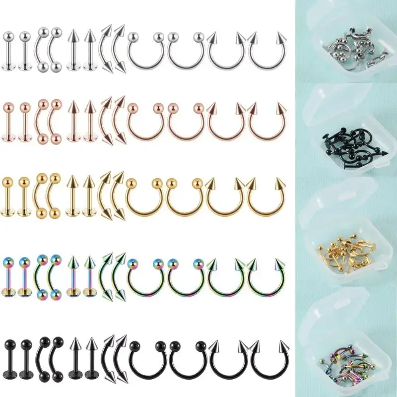12 unids/set de acero quirúrgico Color plata chapado en oro negro Arco Iris oreja nariz ceja Labret básico Piercing conjunto de joyería 8mm
